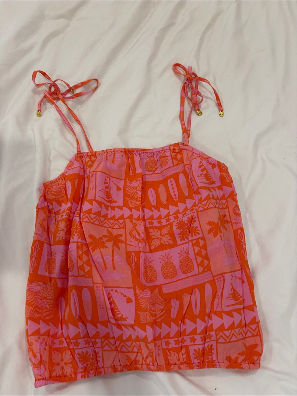 Women's Coral and Pink Printed Tie-Shoulder Tank Top